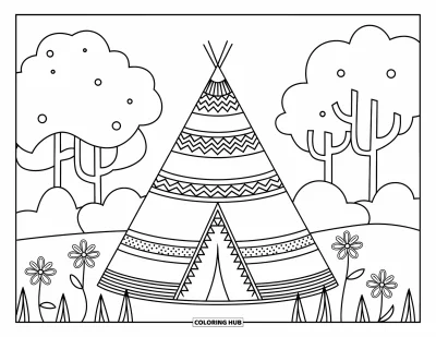 Boho-målarbild för barn: Ett tipi med djärva mönster omgivet av gräs, blommor och träd