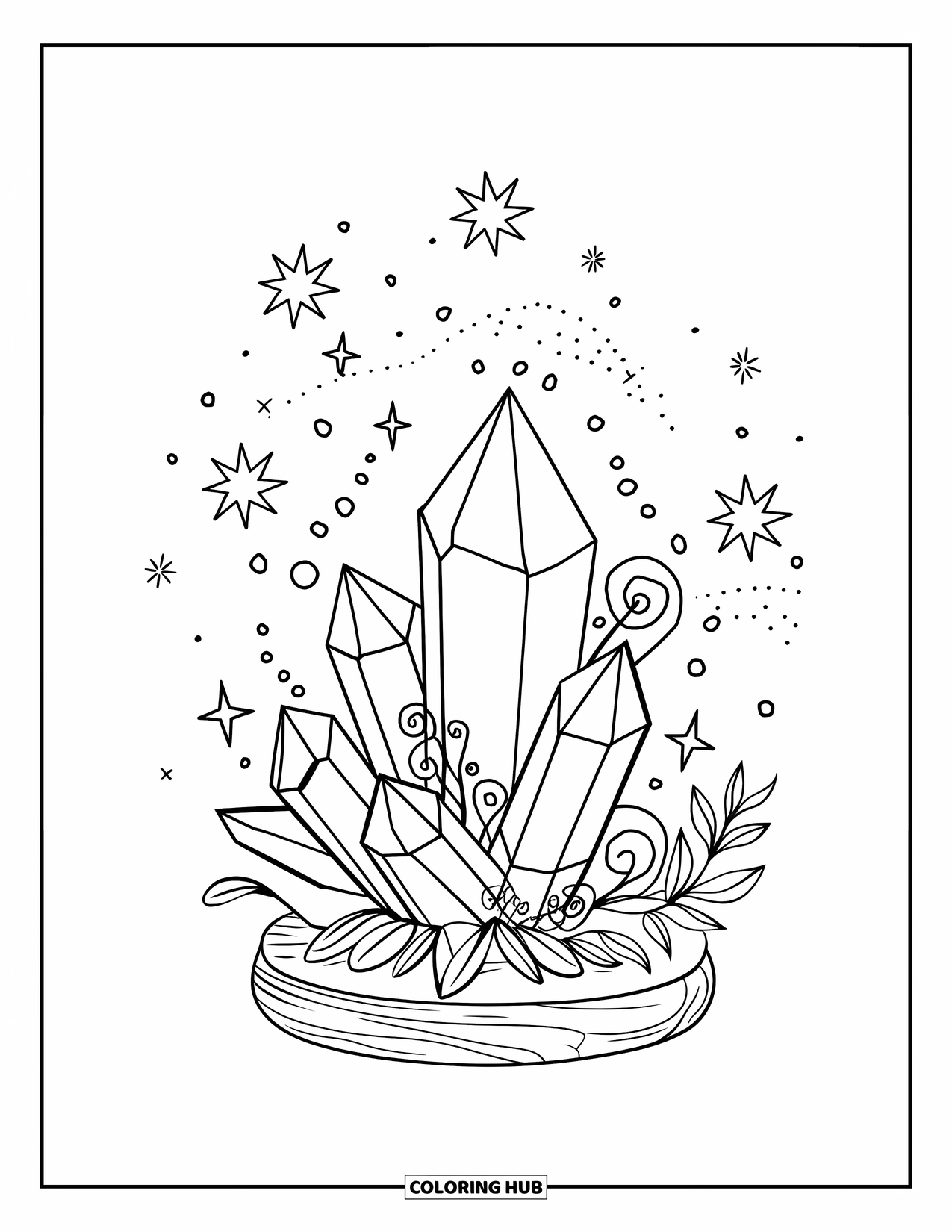 Boho Coloring Page for Kids: Crystals rest on a wooden base with swirls and stars in a boho style