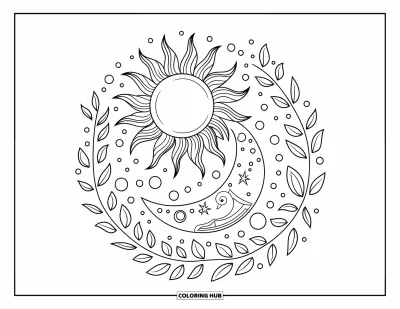 Boho-målarbild för barn: Sol och måne blandas ovanför bladgrenar i en fridfull boho-scen