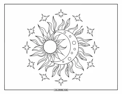 Boho-målarbild för barn: Sol och måne flätas samman med löv och stjärnor i ett lugnt boho-motiv