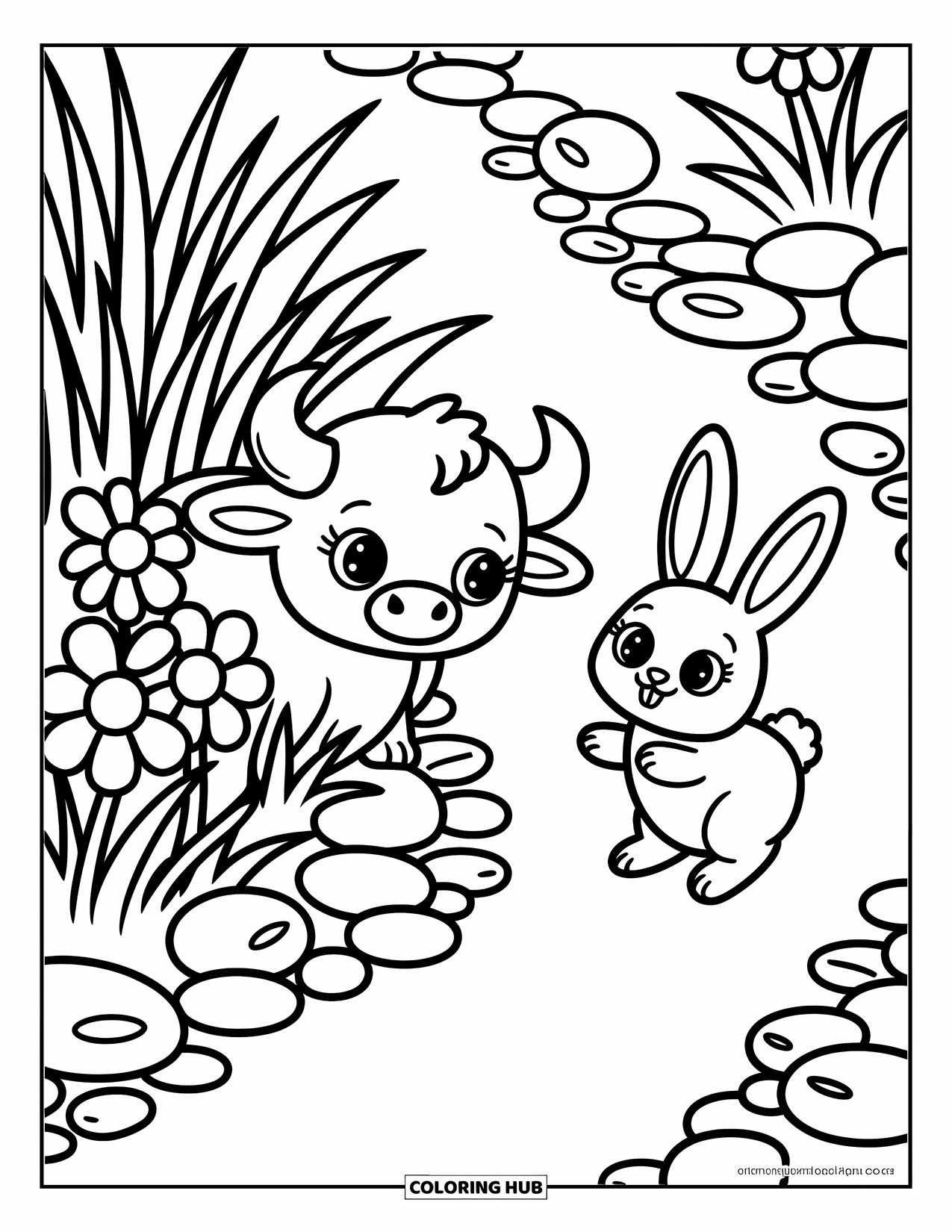 Buffalo Coloring Page for Adults: A buffalo and bunny explore tall grass and flowers near a peaceful stream