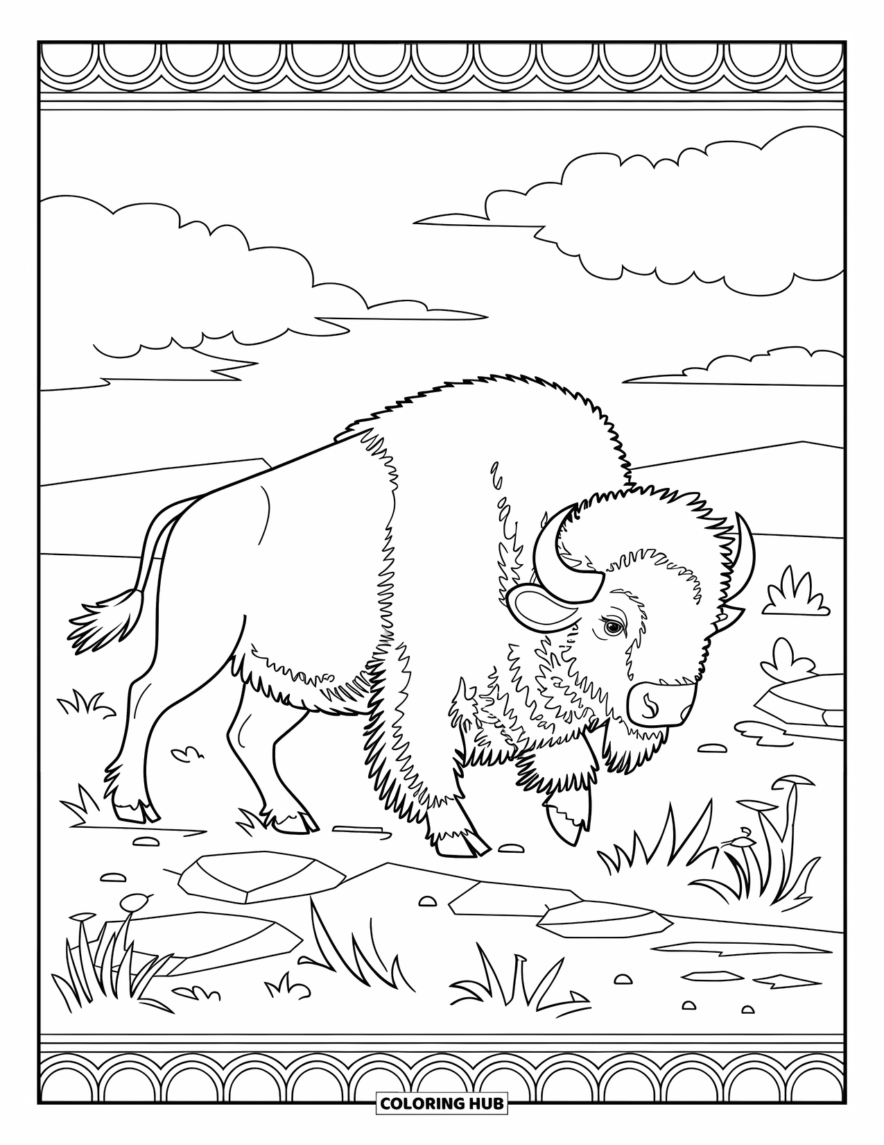 Buffalo Coloring Page for Adults: A buffalo in stride walks through nature with rocks and a sky of clouds