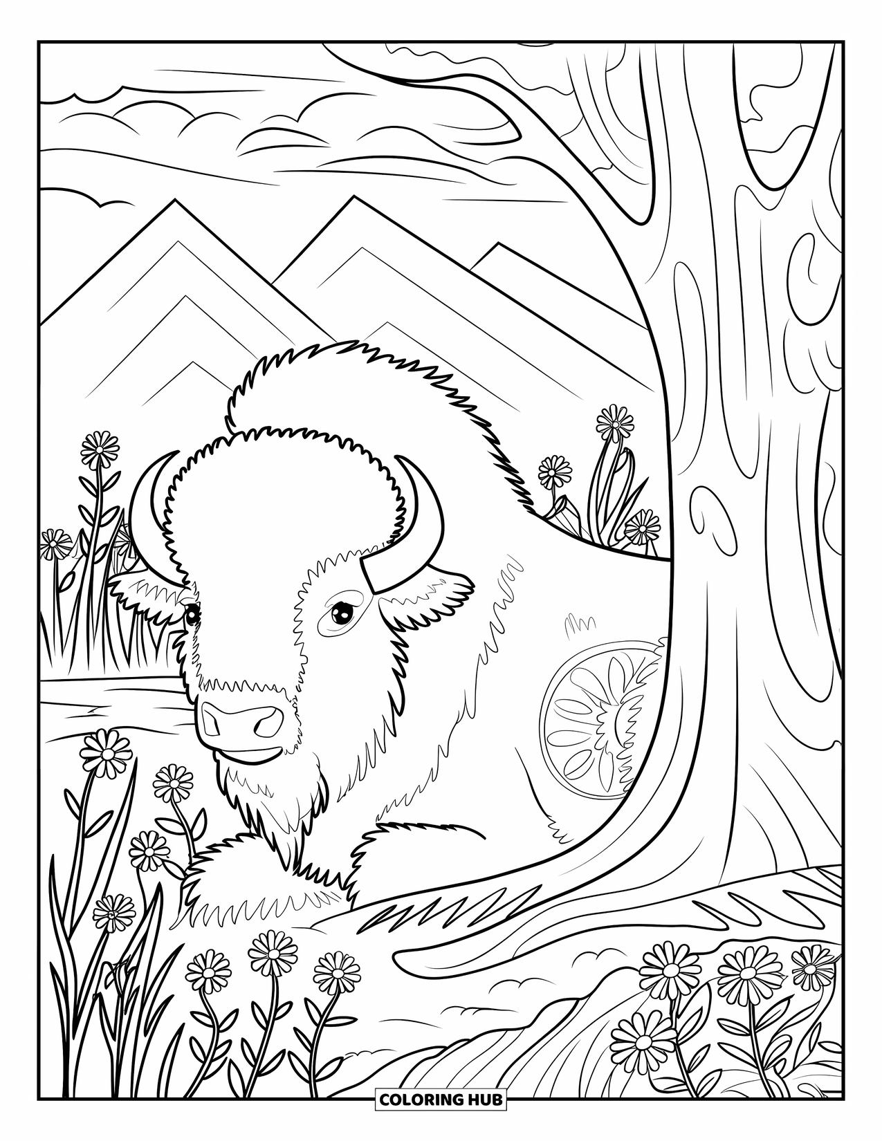 Buffalo Coloring Page for Adults: A buffalo lies in grass beside a tree with mountains in the background