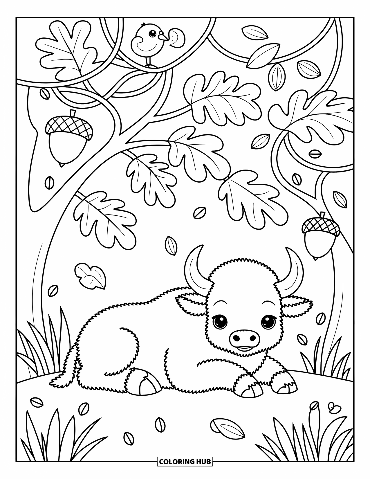 Buffalo Coloring Page for Adults: A buffalo rests under playful leaves and acorns with a bird nearby