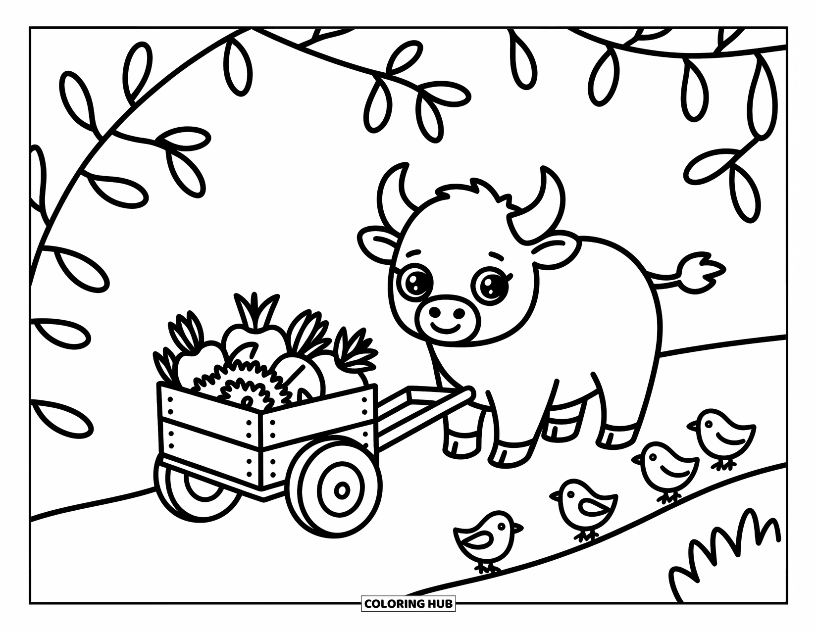 Buffalo Coloring Page for Adults: A cheerful buffalo pulls a veggie-filled cart with birds hopping nearby