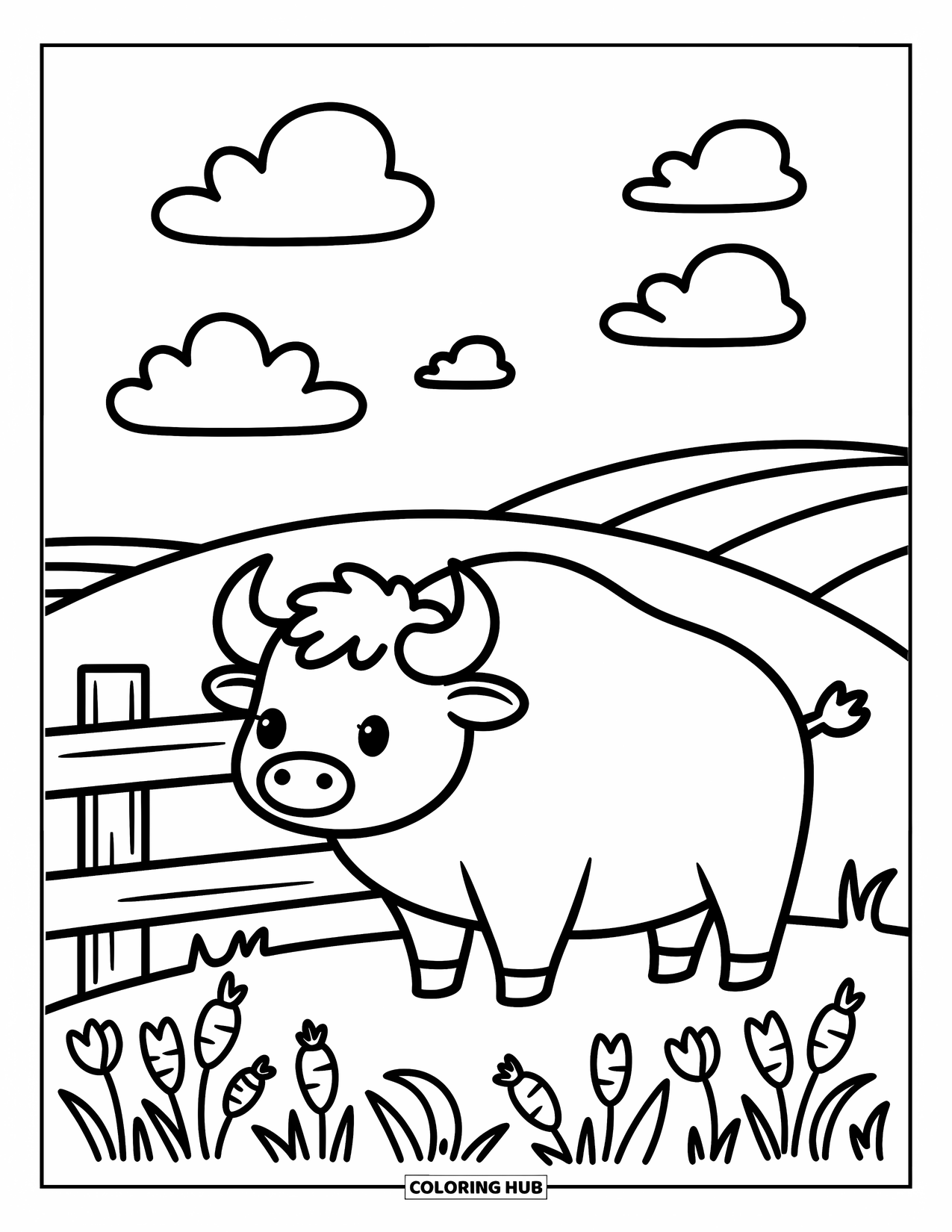 Buffalo Coloring Page for Adults: A chubby buffalo stands beside a fence with carrots and tulips below