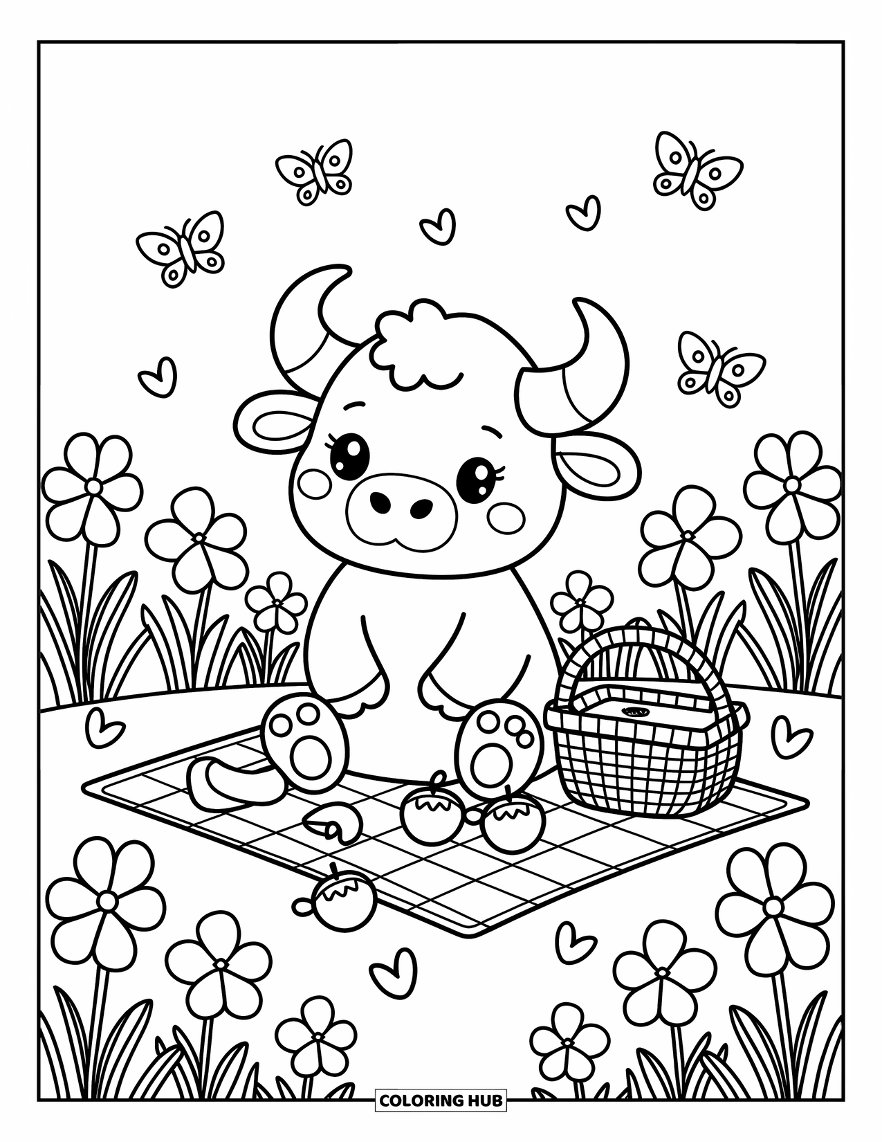 Buffalo Coloring Page for Adults: A cuddly buffalo relaxes on a picnic blanket with fruit, flowers, and butterflies