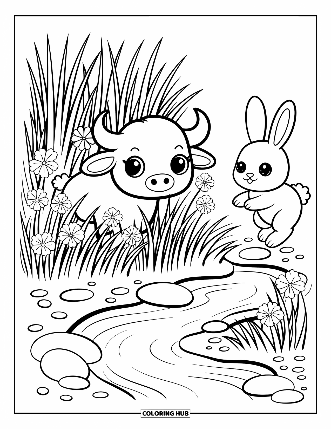 Buffalo Coloring Page for Adults: A kawaii buffalo hides behind flowers while a curious bunny and stream add charm