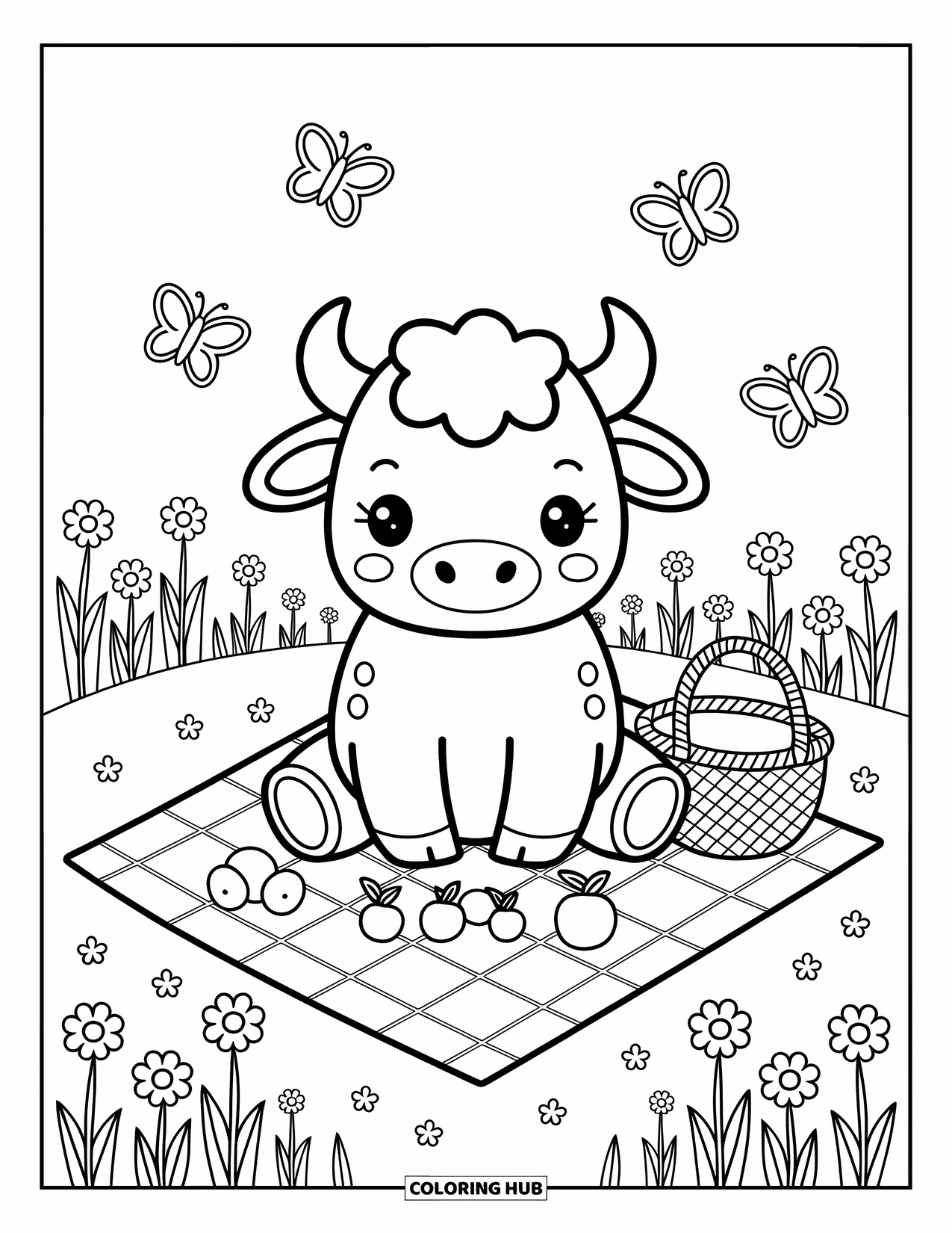 Buffalo Coloring Page for Adults: A kawaii buffalo sits calmly on a blanket with fruit and butterflies nearby