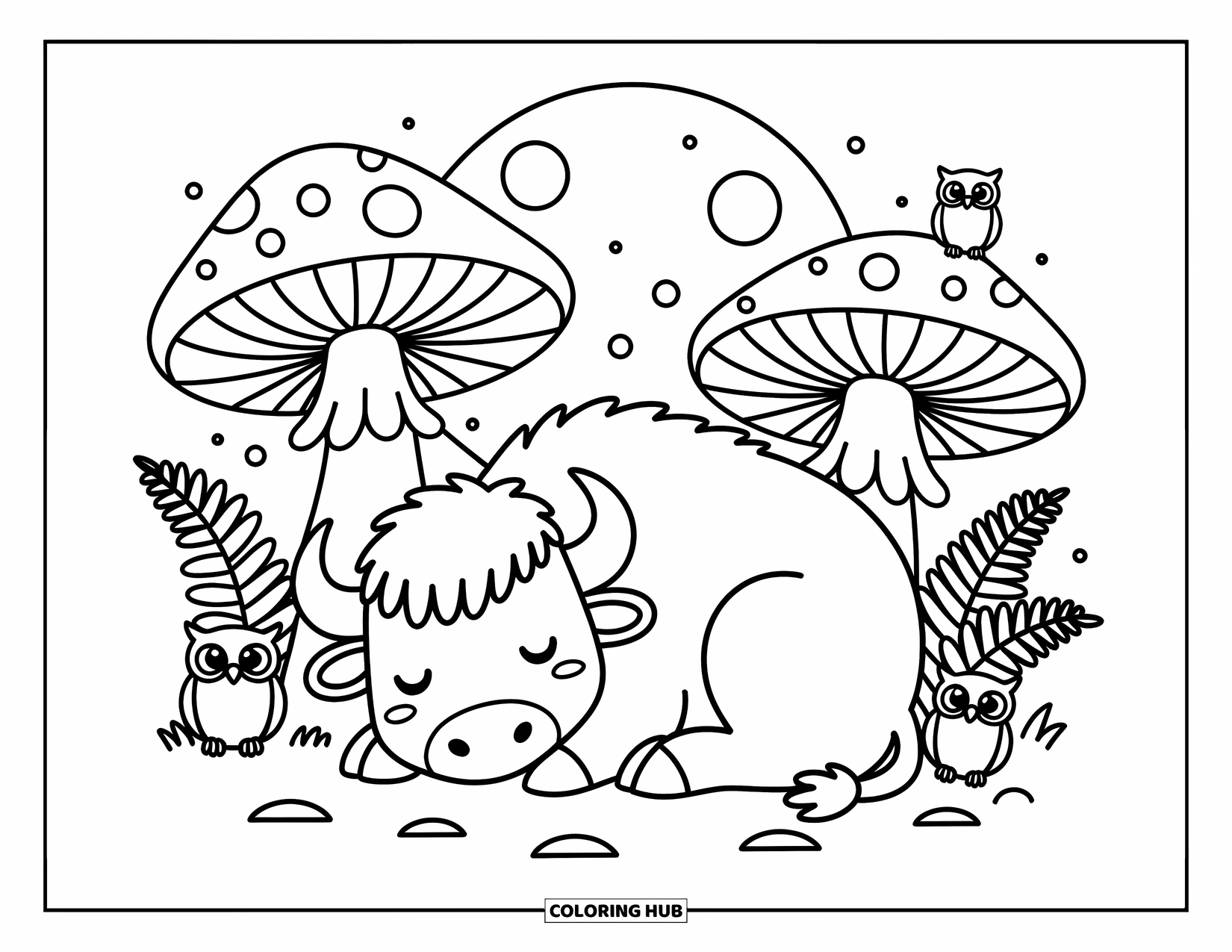 Buffalo Coloring Page for Adults: A sleepy buffalo curls near giant mushrooms under a cozy moonlit sky