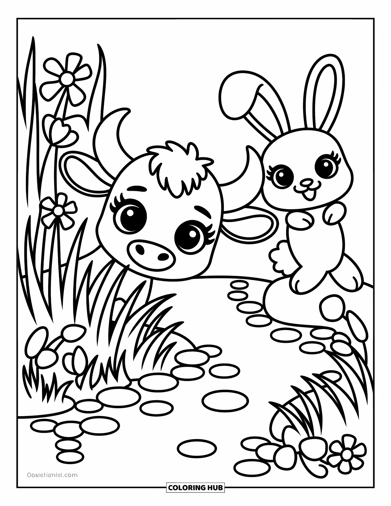 Buffalo Coloring Page for Adults: A tiny buffalo peeks from grass near flowers and a playful bunny