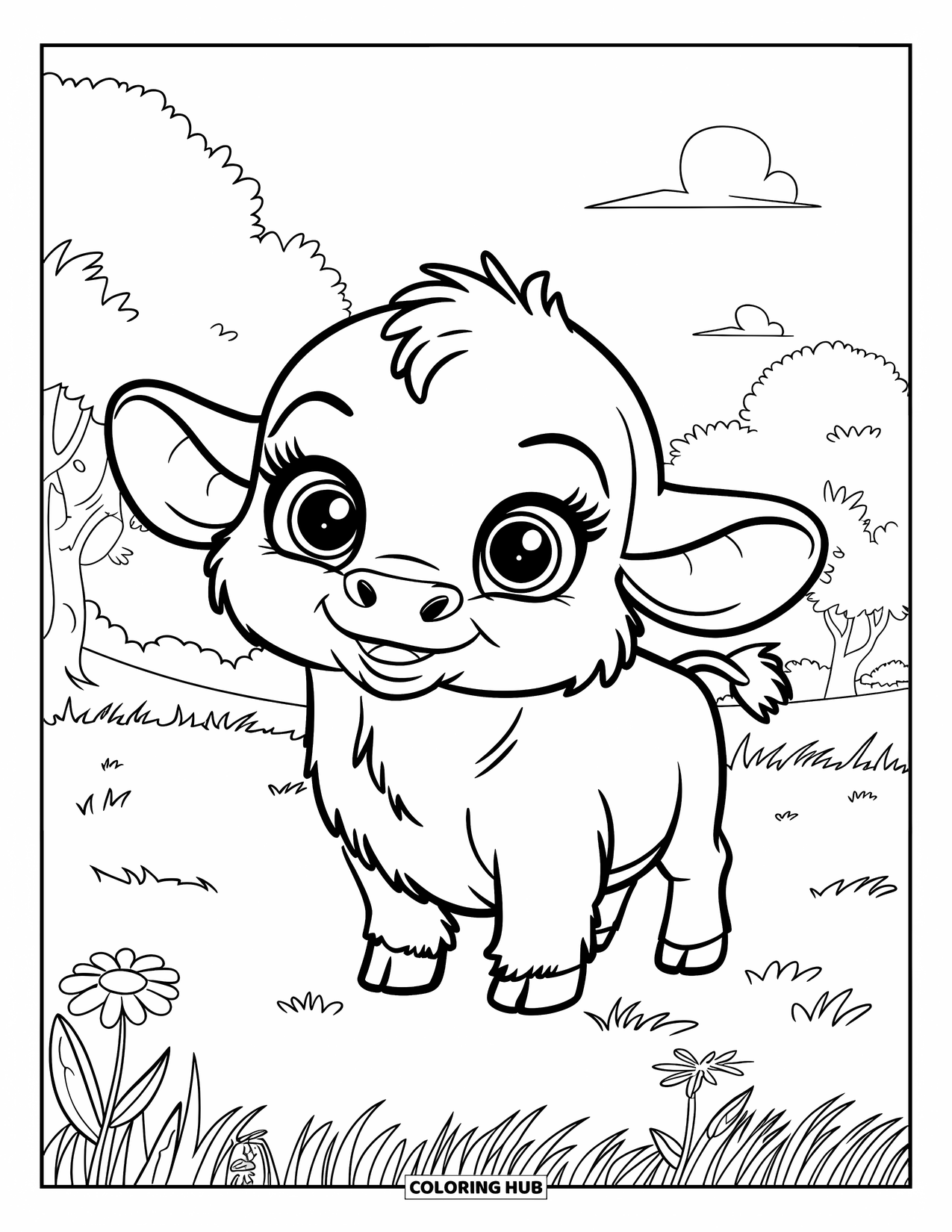 Buffalo Coloring Page for Kids: A baby buffalo with fluffy fur and flowers stands in a clear field