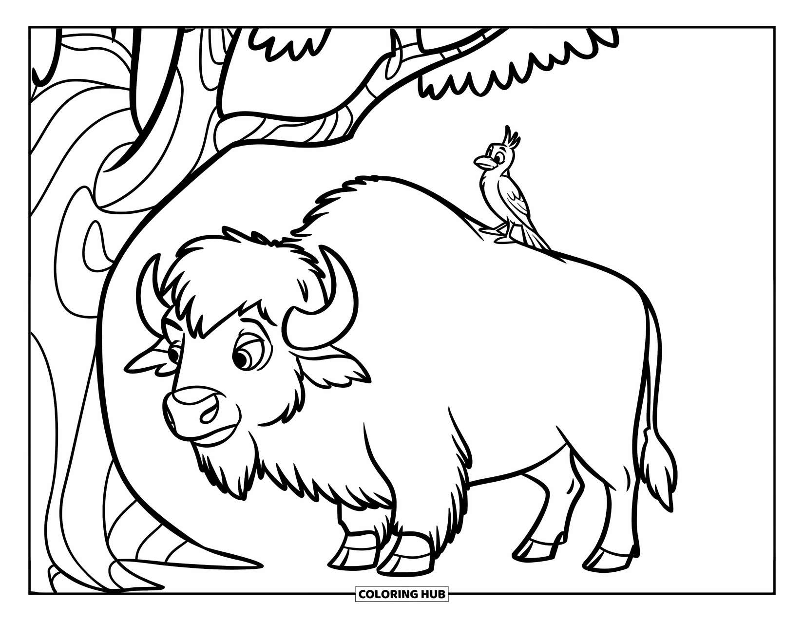 Buffalo Coloring Page for Kids: A buffalo and bird stand near a tree with easy-to-color shapes