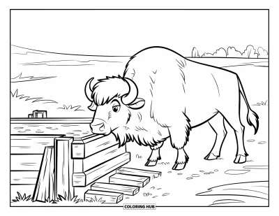 Kleurplaat van een bizon voor kinderen: Een bizon staat voor een houten drinkbak in een open ranchscène met verspreide bomen