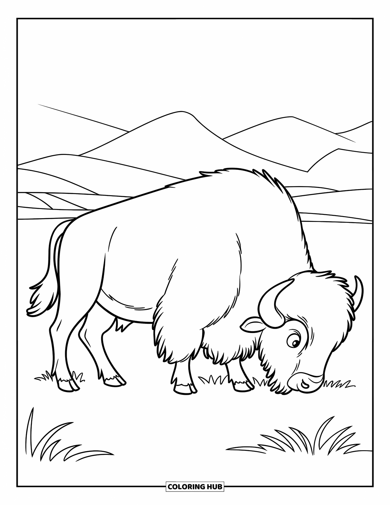 Buffalo Coloring Page for Kids: A buffalo grazes in a wide field with mountains behind