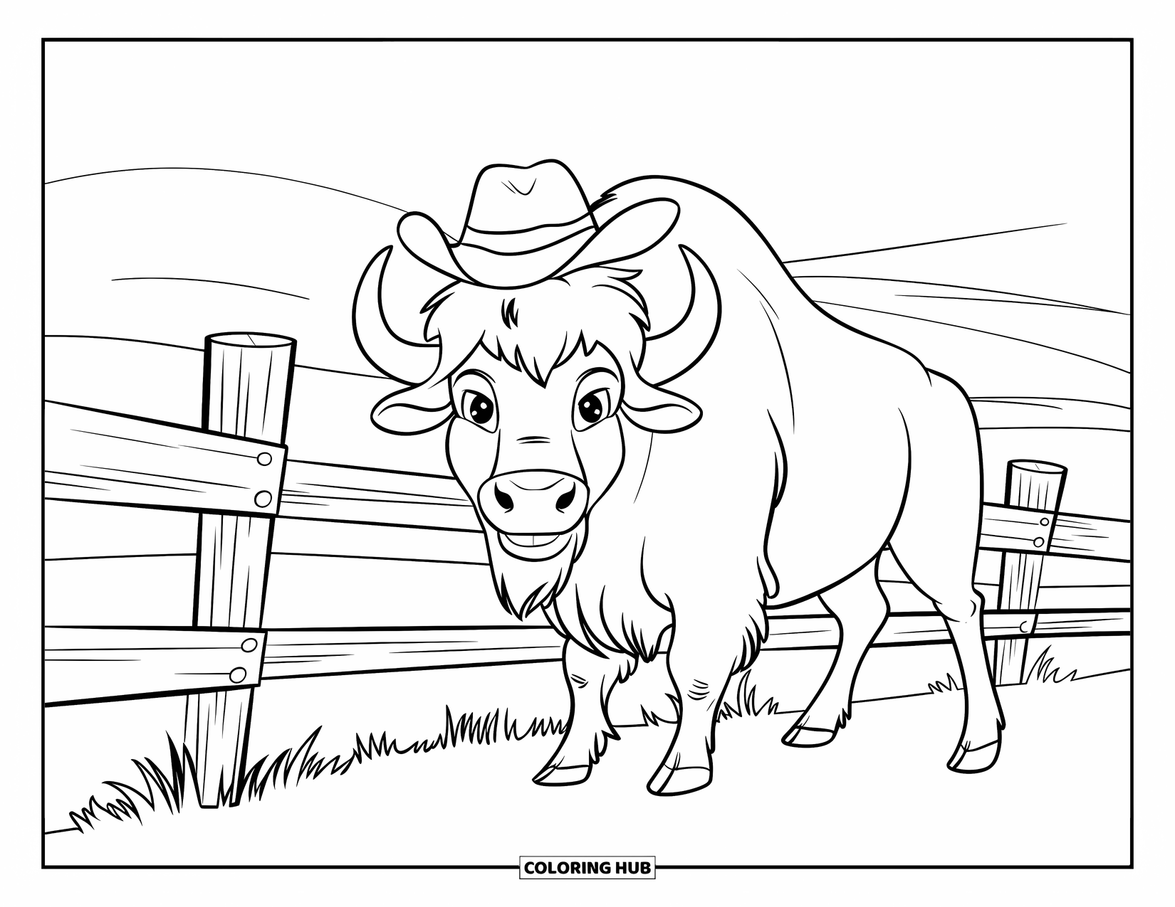 Buffalo Coloring Page for Kids: A buffalo in a cowboy hat stands near a fence on rolling land