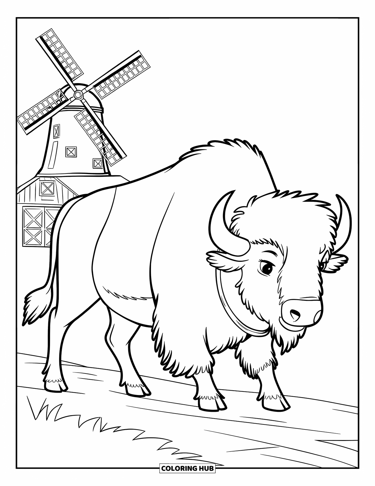 Buffalo Coloring Page for Kids: A buffalo on a dirt path walks near a windmill and distant buildings