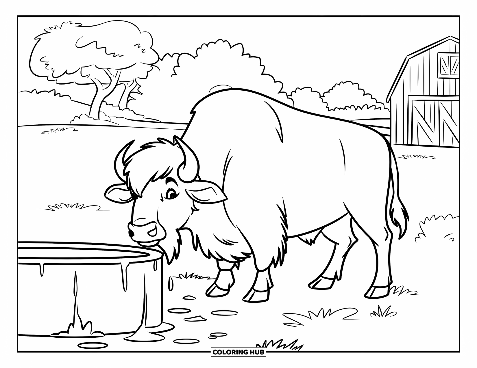 Buffalo Coloring Page for Kids: A buffalo stands beside a watering trough in an open ranch field