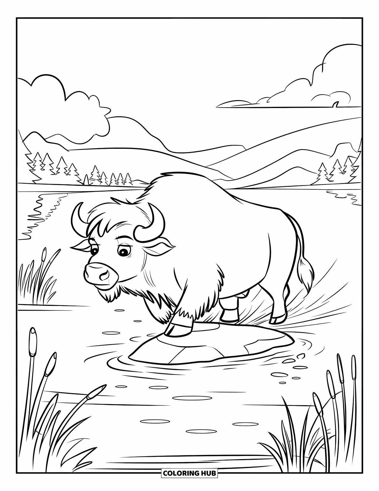 Buffalo Coloring Page for Kids: A buffalo stands on a rock in a stream near mountains and fluffy clouds