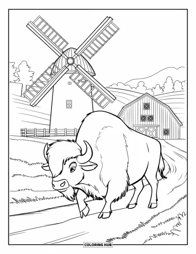 Kleurplaat van een bizon voor kinderen: Een bizon loopt langs een windmolen en schuur met glooiende heuvels en bomen