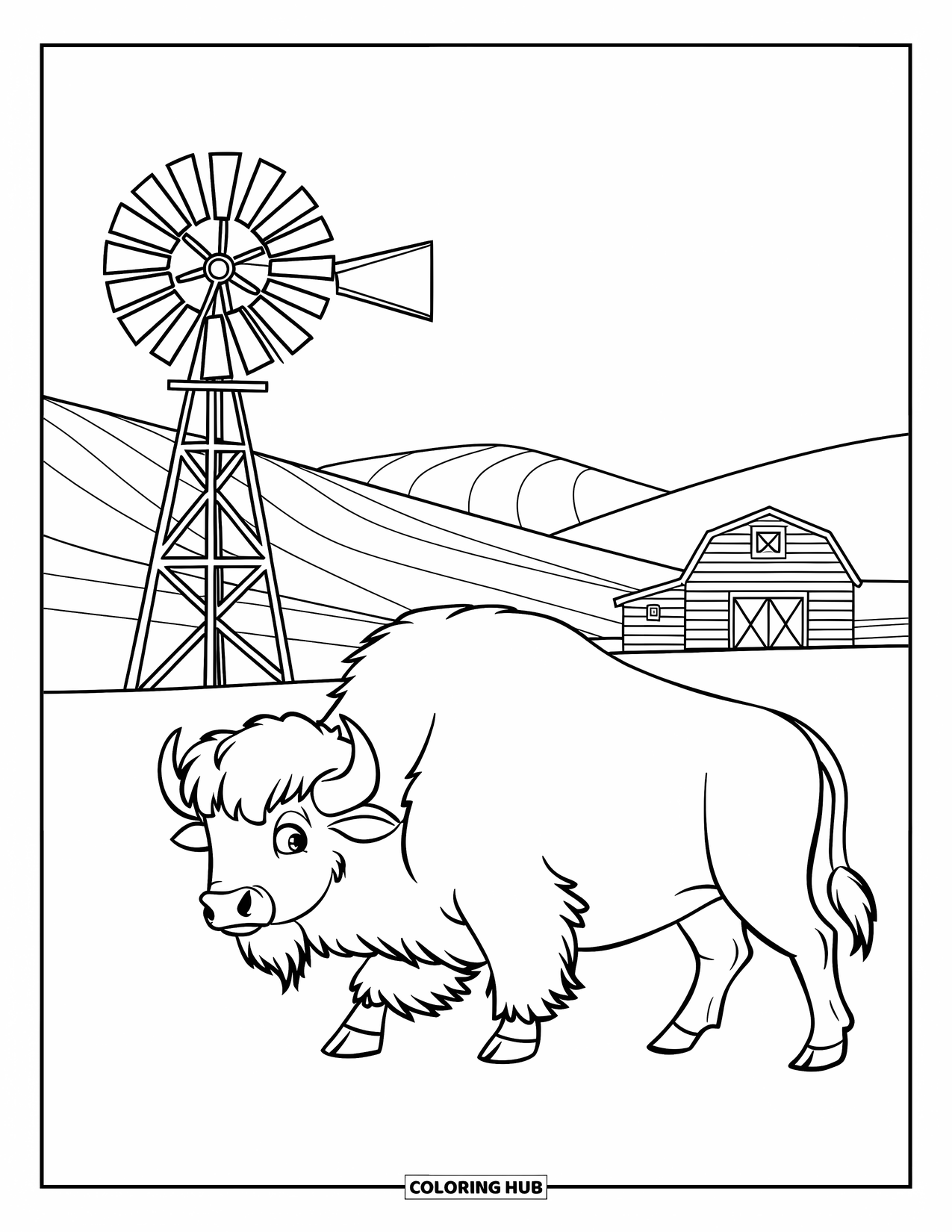 Buffalo Coloring Page for Kids: A buffalo walks past a windmill and distant barn in open ranch land