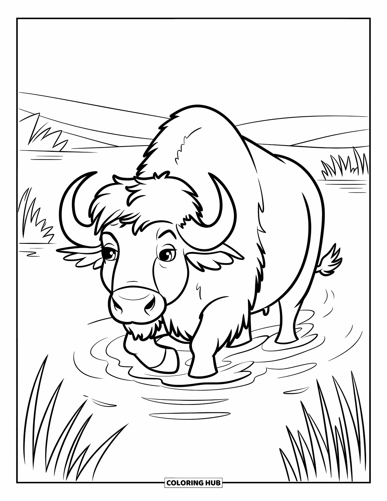 Buffalo Coloring Page for Kids: A buffalo walks through shallow water surrounded by tall reeds and hills