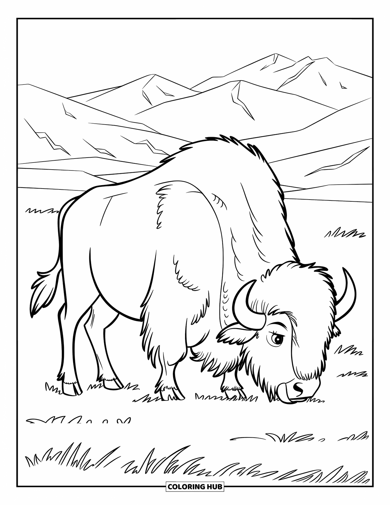 Buffalo Coloring Page for Kids: A buffalo with thick skin grazes in an open field near mountains