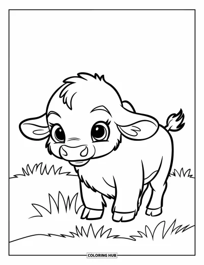 Kleurplaat van een bizon voor kinderen: Een schattig bizonkalfje staat in een grasveld onder een lege lucht