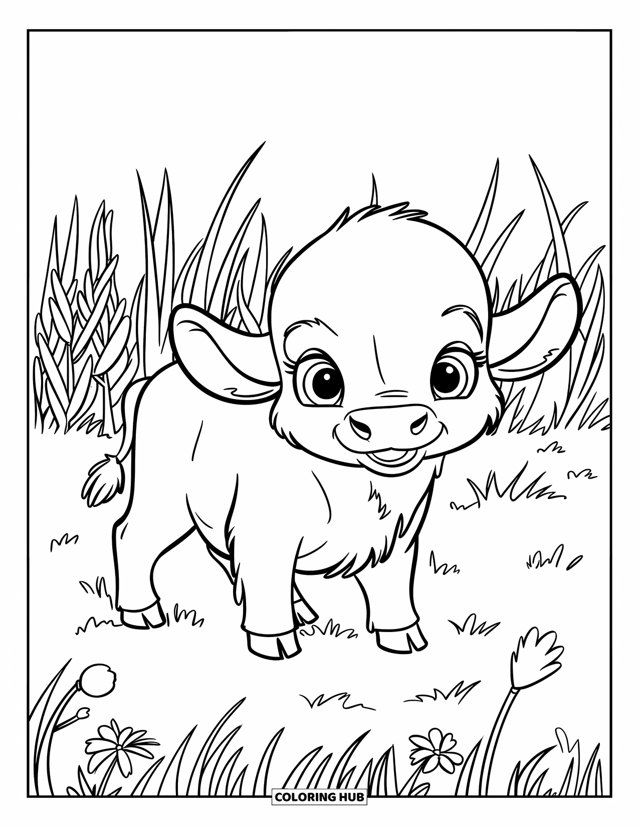 Buffalo Coloring Page for Kids: A fluffy baby buffalo with expressive eyes stands in tall grass