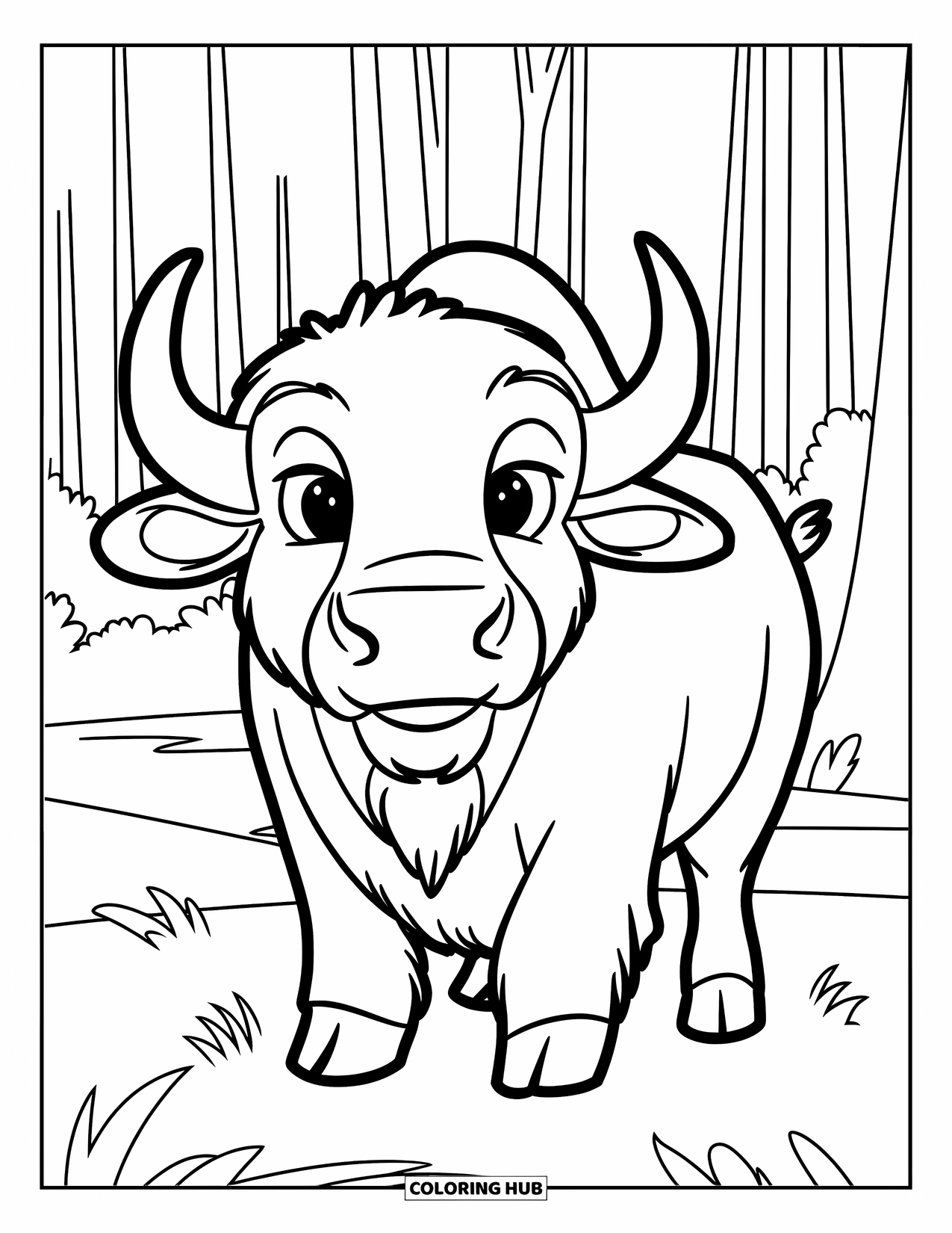 Buffalo Coloring Page for Kids: A front-facing buffalo with a round nose stands in a grassy field
