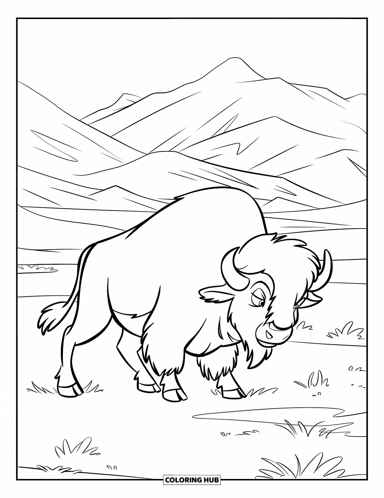 Buffalo Coloring Page for Kids: A lone buffalo walks through tall grass with snowy mountains in the background