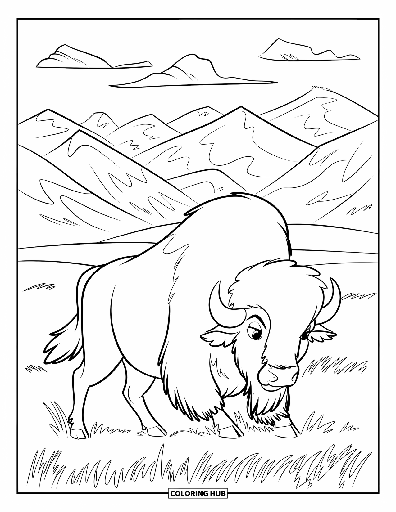 Buffalo Coloring Page for Kids: A majestic buffalo walks through prairie grass beneath snowy layered mountains