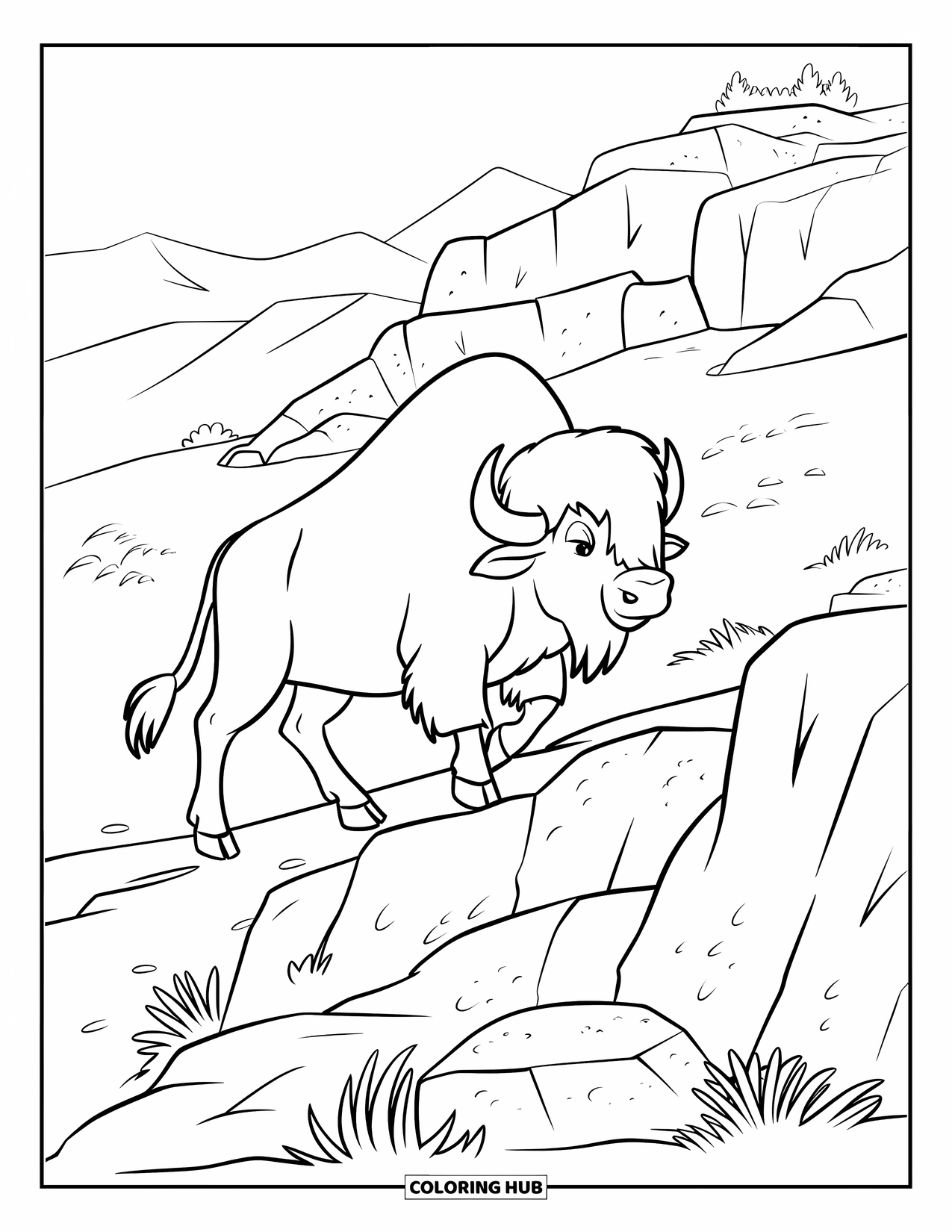 Buffalo Coloring Page for Kids: A muscular buffalo walks among boulders on a high, rocky hill