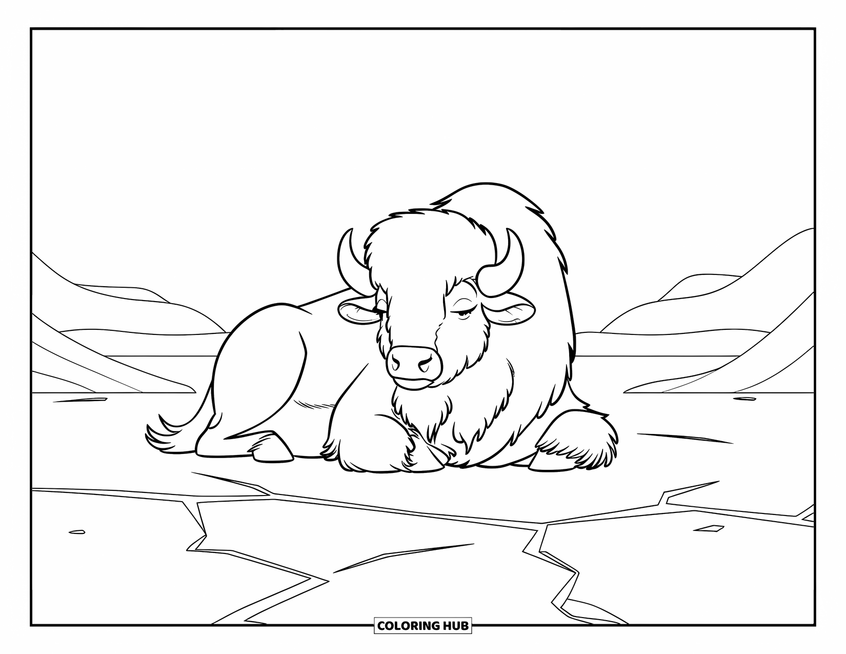 Buffalo Coloring Page for Kids: A peaceful buffalo rests on cracked earth with hills in the distance