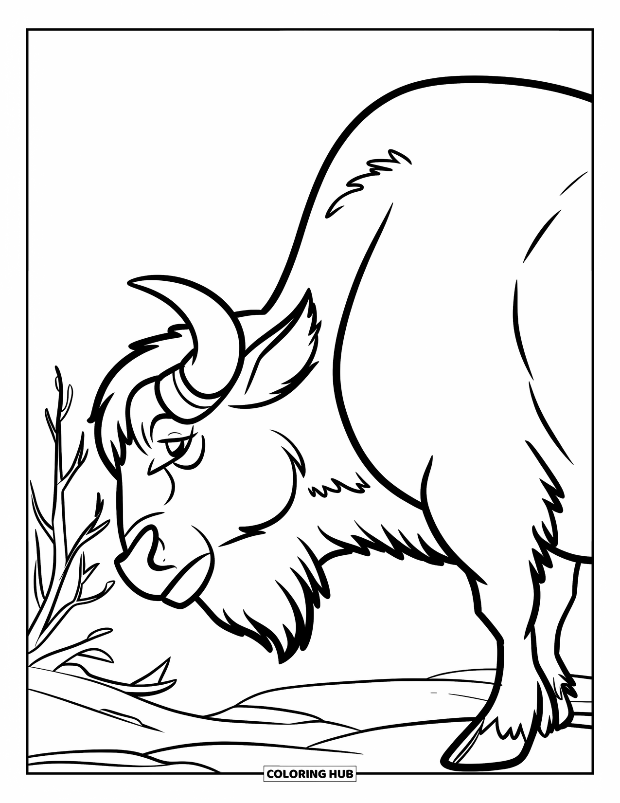 Buffalo Coloring Page for Kids: A powerful buffalo stands beside a dry bush on rocky land