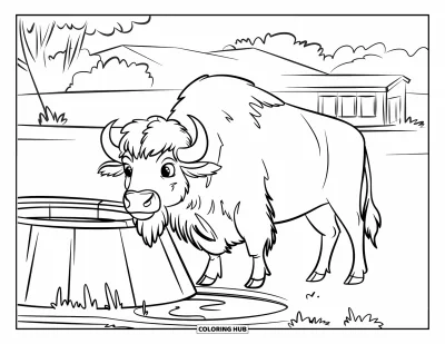Kleurplaat van een bizon voor kinderen: Een ranchbizon staat naast een drinkbak in een veld met bomen en een schuur