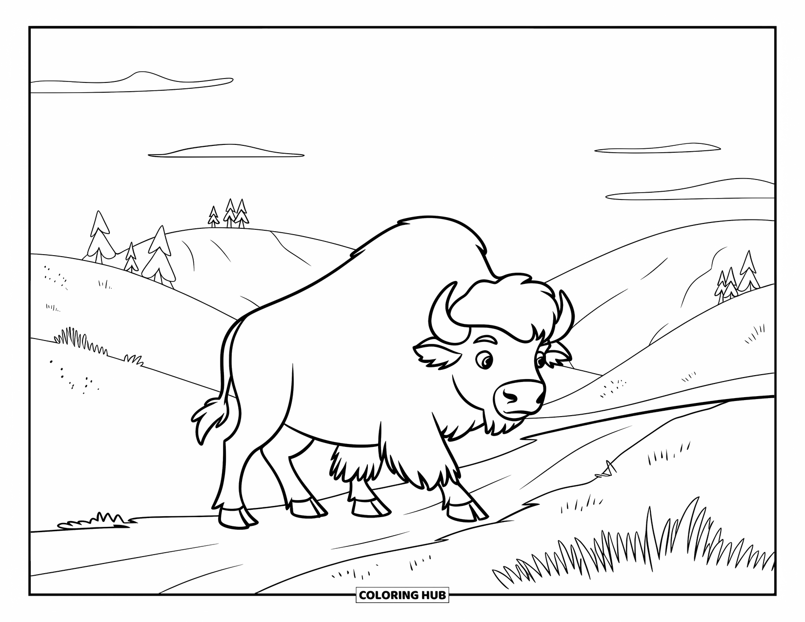 Buffalo Coloring Page for Kids: A round buffalo strolls a dirt path through gentle green hills