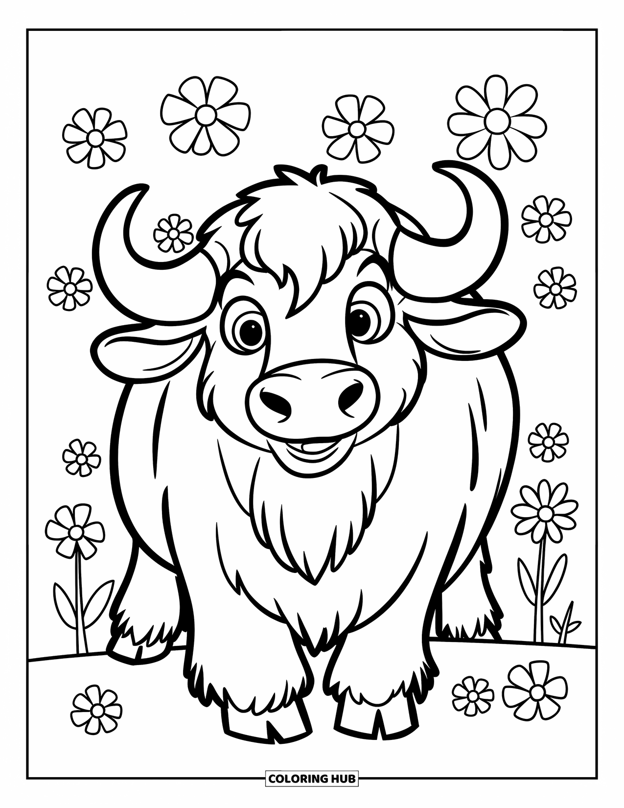 Buffalo Coloring Page for Kids: A smiling buffalo stands among small flowers with an open white background