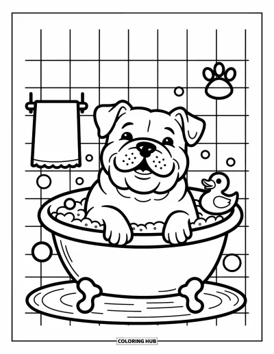 Desen de colorat cu bulldog pentru adulți: Un bulldog vesel stă într-o cadă rotundă cu spumă, un prosop și o rățușcă de cauciuc