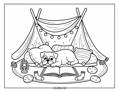 Desen de colorat cu bulldog pentru adulți: Un bulldog se cuibărește cu perne într-o căsuță din pături luminată cu ghirlande de lumini