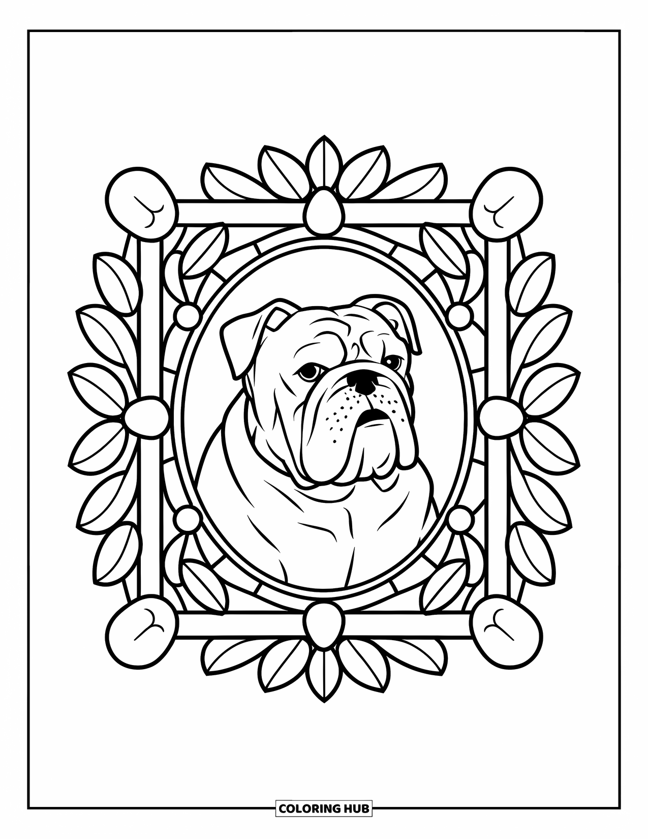 Bulldog Coloring Page for Adults: A bulldog face is framed in stained glass with a bold, simple layout