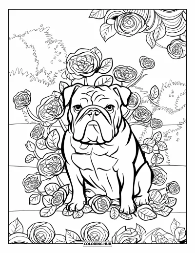Desen de colorat cu bulldog pentru adulți: Un bulldog este cuibărit printre trandafiri și spirale cu o scenă de grădină luxuriantă