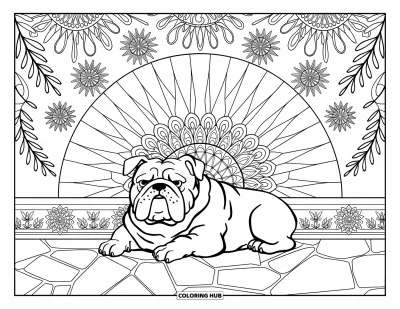 Desen de colorat cu bulldog pentru adulți: Un bulldog zace pe piatră sub o cupolă de mandală cu frunziș și borduri florale