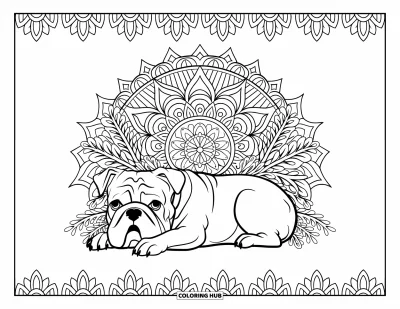 Desen de colorat cu bulldog pentru adulți: Un bulldog zace liniștit sub o cupolă de mandale și frunziș detaliat