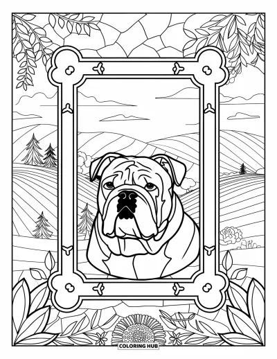 Desen de colorat cu bulldog pentru adulți: Un portret de bulldog strălucește într-un cadru de vitraliu cu flori și o priveliște pitorească