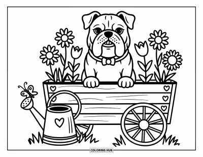 Desen de colorat cu bulldog pentru adulți: Un bulldog se odihnește într-un cărucior de flori cu flori mici și un fluture alături