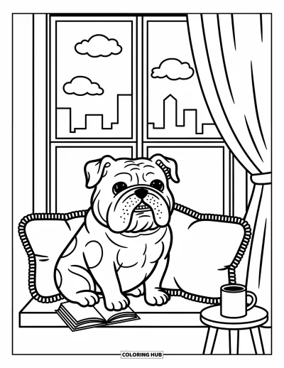 Desen de colorat cu bulldog pentru adulți: Un bulldog stă pe un pervaz cu perne moi, o cănuță și o perdea ușoară
