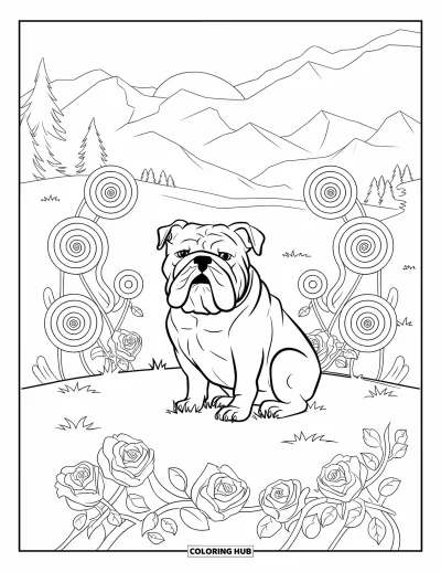 Desen de colorat cu bulldog pentru adulți: Un bulldog stă pe iarbă înconjurat de trandafiri și modele în spirală