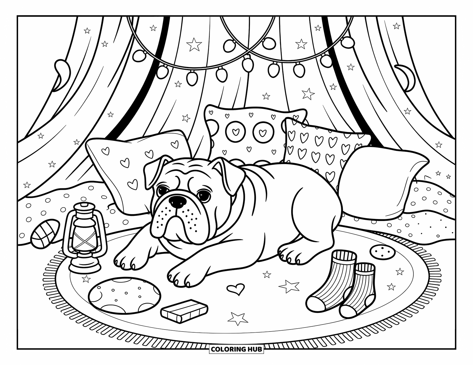 Bulldog Coloring Page for Adults: A bulldog snuggles in a dreamy fort with cozy socks, lights, and plush toys