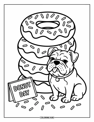 Desen de colorat cu bulldog pentru adulți: Un bulldog cu limba scoasă stă lângă gogoși și stropi colorați jucăuși